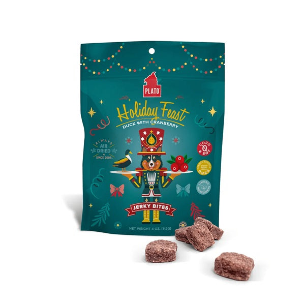 Plato Pet Treats - Holiday Feast Jerky Bites Dog Treats, Duck w/Cranberry