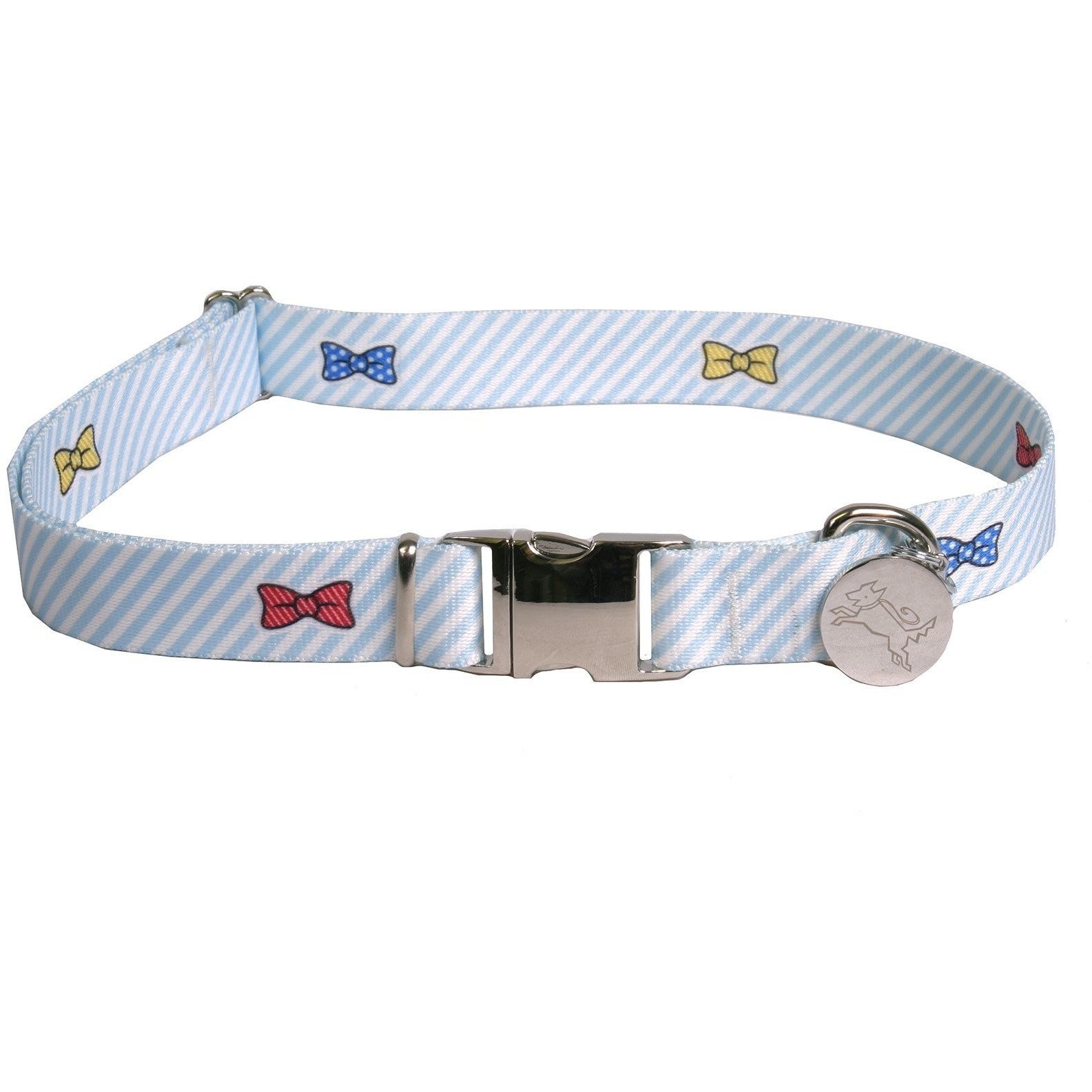 Yellow Dog Design - Seersucker Blue with Bow Ties Collar
