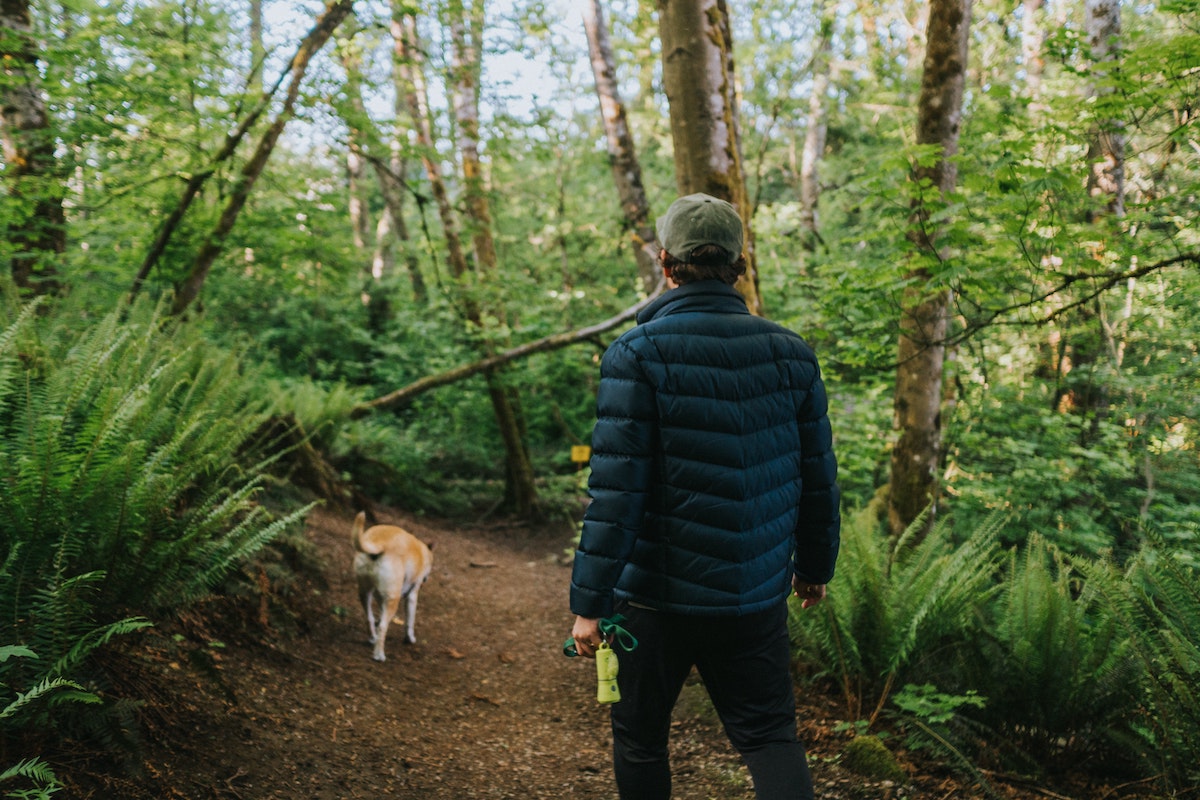 man walking dog on portland trail